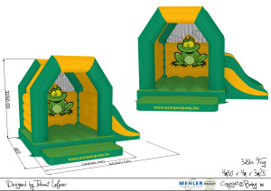 3D afbeelding van het Kikker Springkasteel met de afmetingen